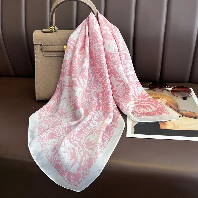 Silk Square Scarf 70x70cm Floral Satin Wrap for Women