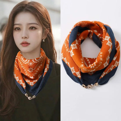 Silk Scarf for Women with Magnetic Buckle, Printed Square Design