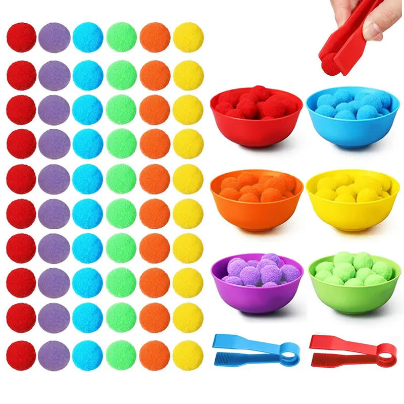 Counting and Sorting Toy with Pom Poms, Bowls and Tweezers