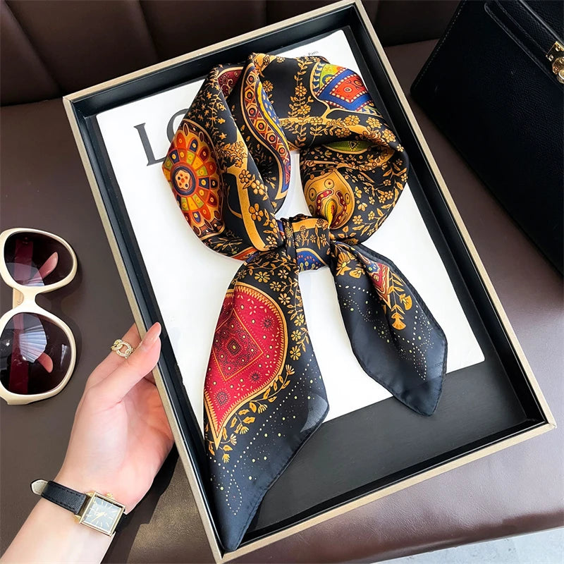 Silk Square Scarf 70x70cm Floral Satin Wrap for Women