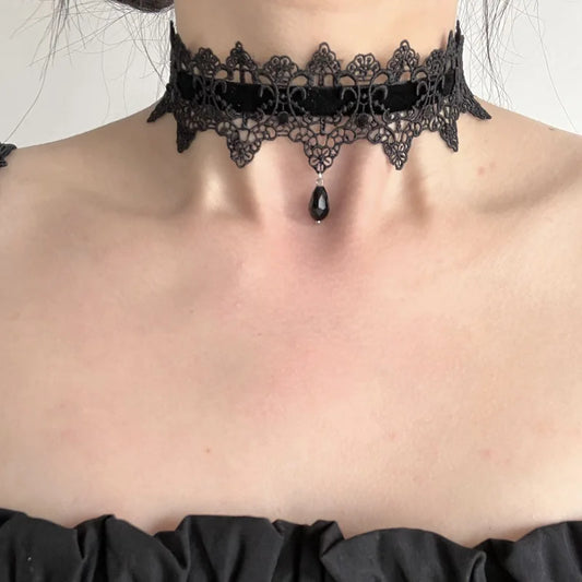Lace Choker Necklace, Black Gothic Flower Collar for Women