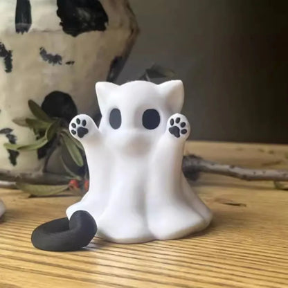 Cat Ghost Halloween Ornament, Mini PVC Figurine for Desktop Decor