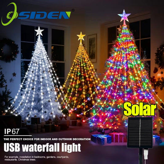 Christmas Star String Lights, Solar Waterfall LED Lights