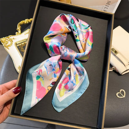 Silk Square Scarf 70x70cm Floral Satin Wrap for Women