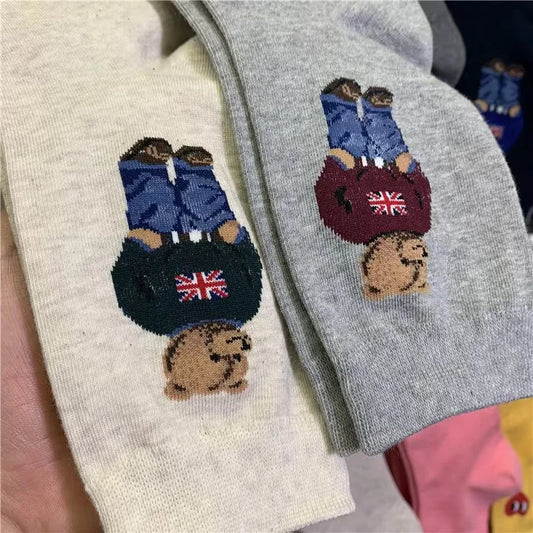 Men's Cotton Crew Socks, Novelty Bear Pattern Breathable Knit