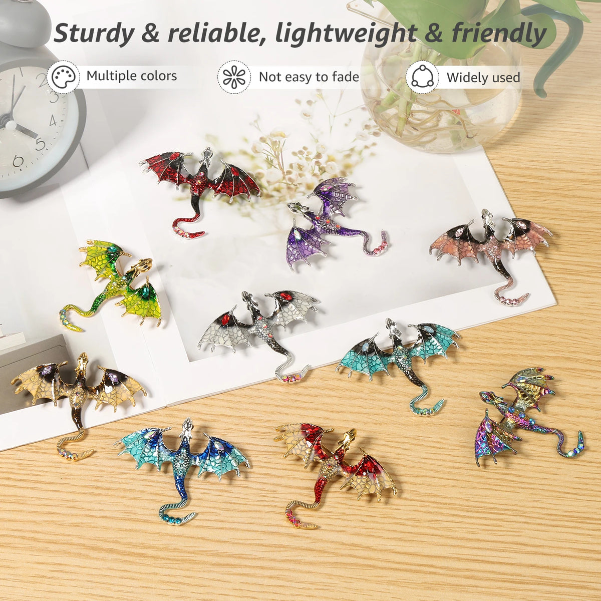 Dragon Brooch Pins, 10-Piece Enamel Wing Pendant Set