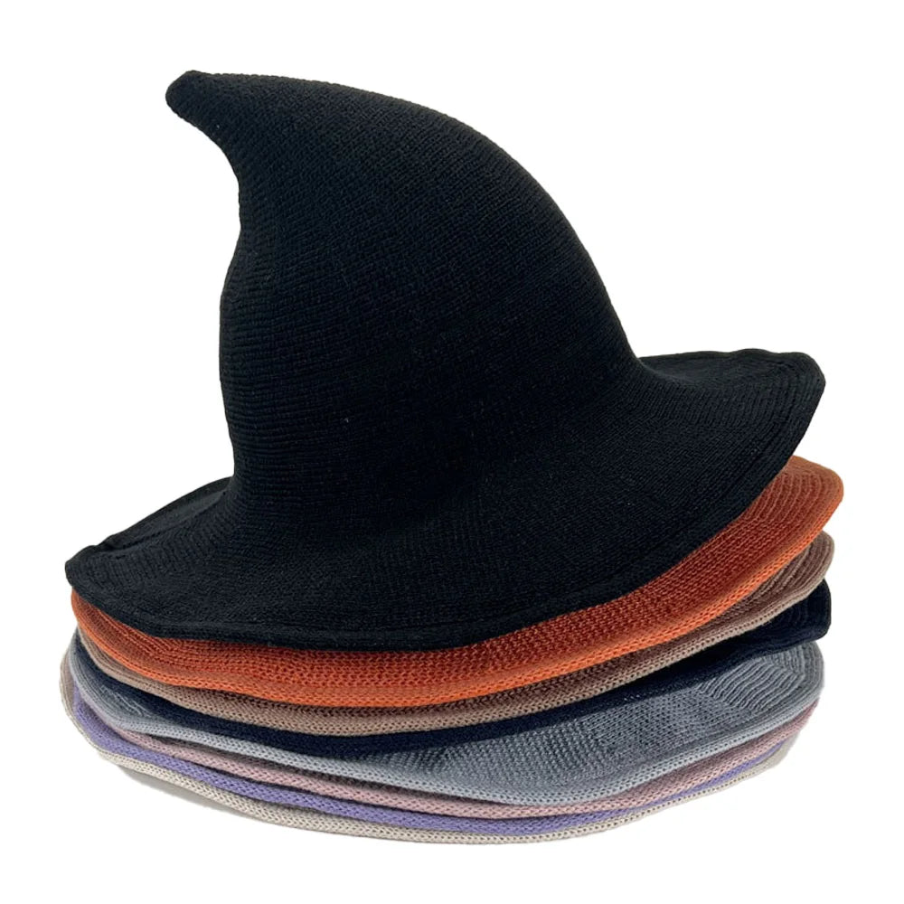 Halloween Witch Hat Long Point Knitted Cap with Wide Brim for Adults