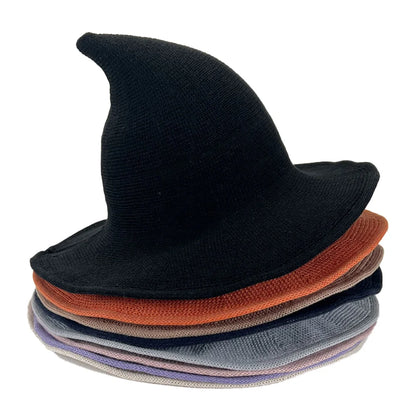 Halloween Witch Hat Long Point Knitted Cap with Wide Brim for Adults