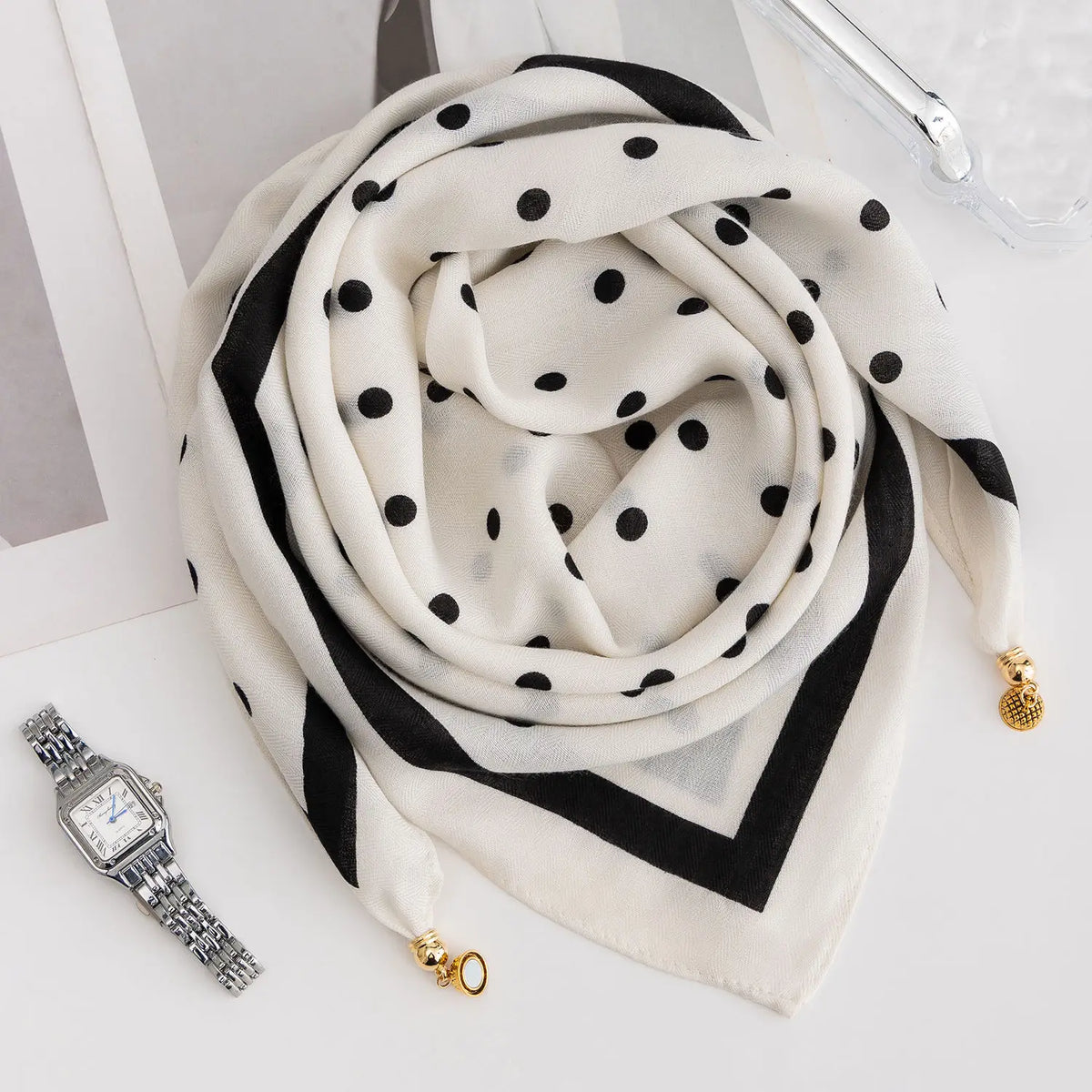 Silk Scarf for Women with Magnetic Buckle, Printed Square Design