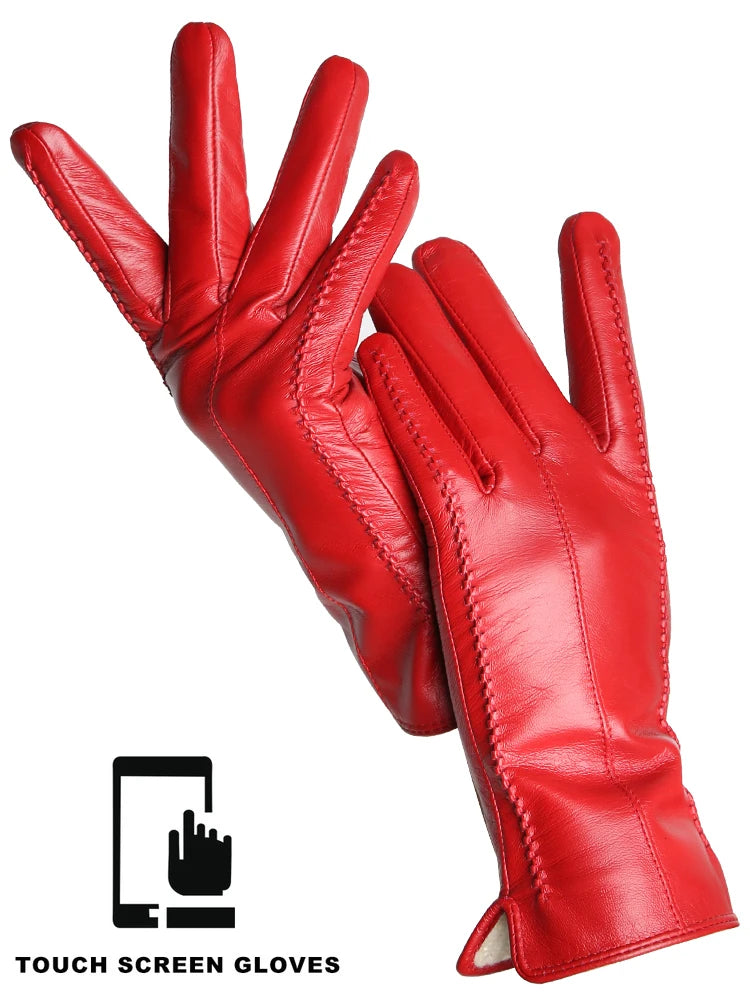 Women's Leather Winter Gloves, Sheepskin Touch Screen Driving