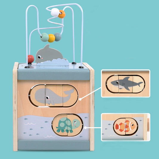 Wooden Activity Cube, 5-in-1 Shape Sorter Toy for Toddlers