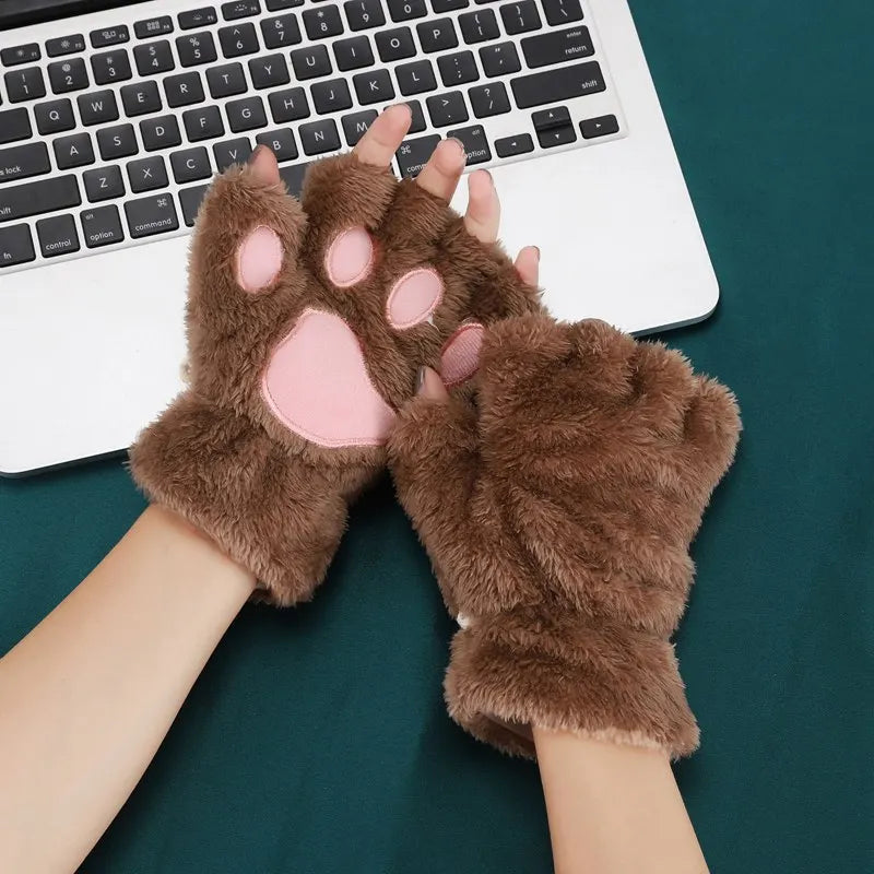 Fingerless Winter Gloves Plush Warm Mittens for Women and Girls