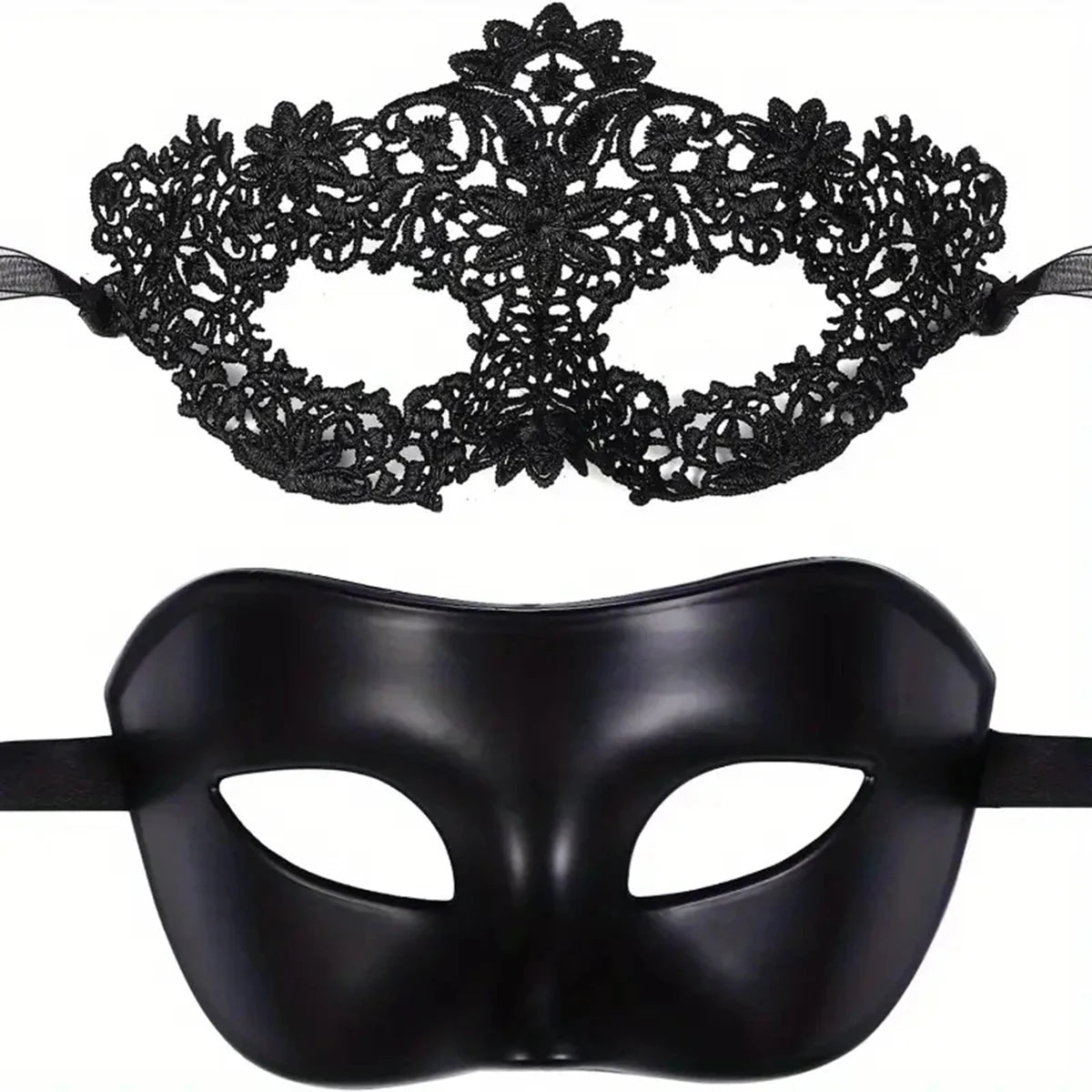 Couples Masquerade Masks – Black Lace & Half-Face Set