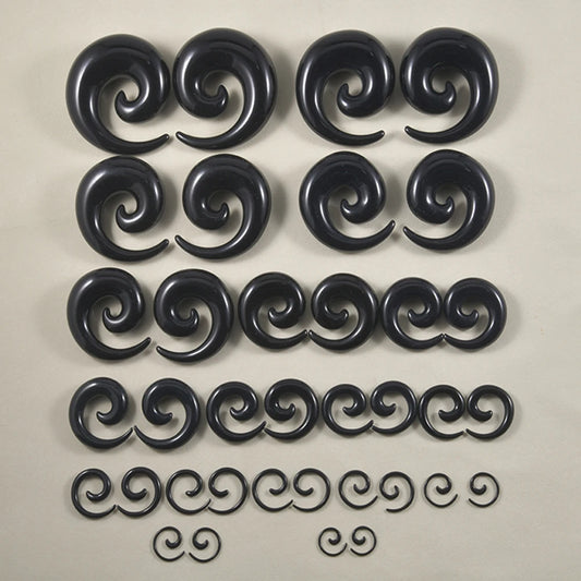 Acrylic Ear Stretching Plugs Black Spiral Gauges 1.2mm-24mm