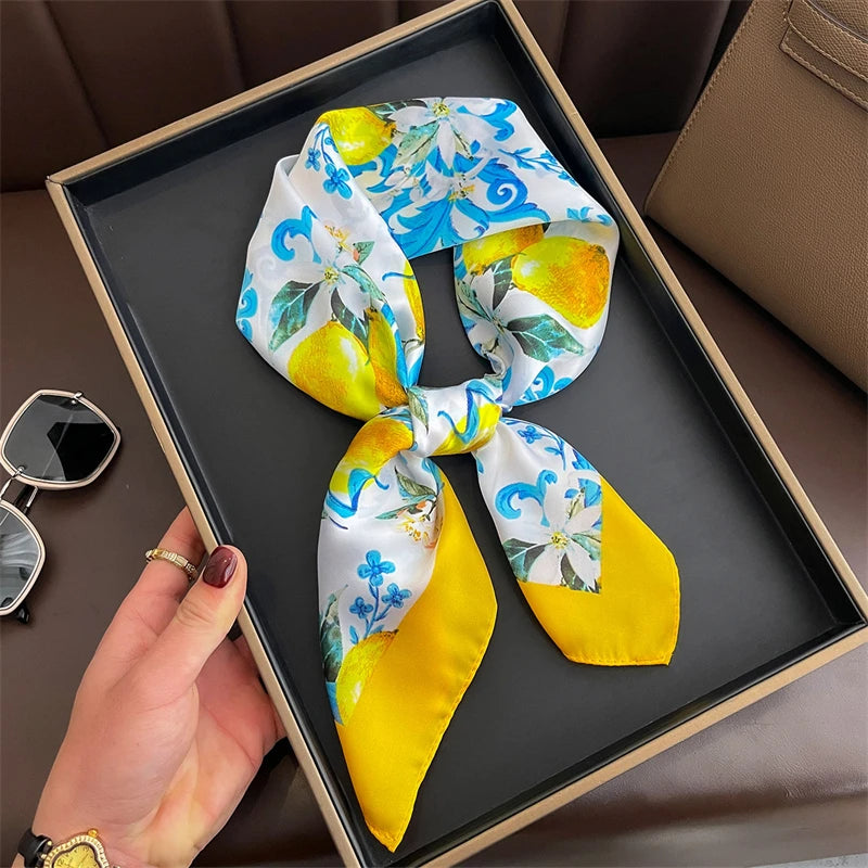 Silk Square Scarf 70x70cm Floral Satin Wrap for Women