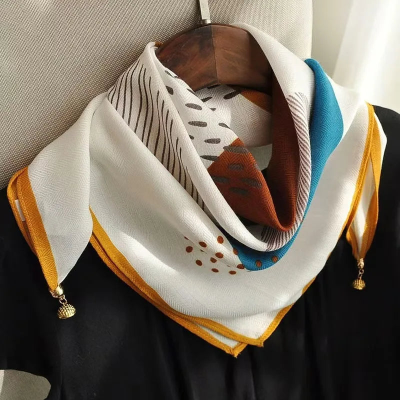 Silk Scarf for Women with Magnetic Buckle, Printed Square Design
