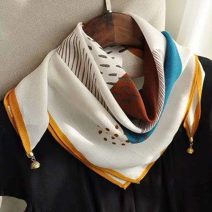 Silk Scarf for Women with Magnetic Buckle, Printed Square Design