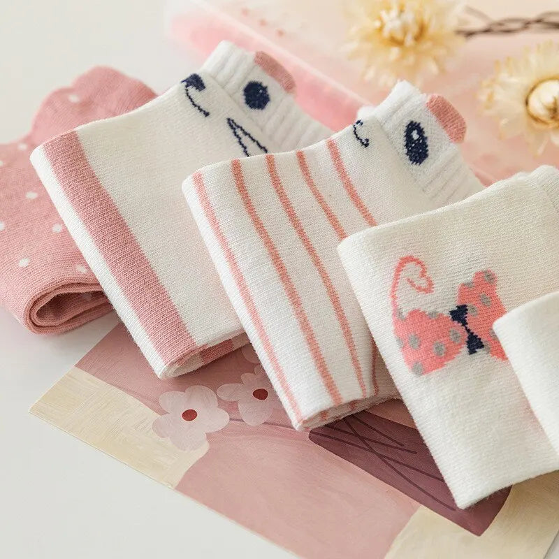 Women's Boat Socks Cute Cat Pattern Low Cut 5 Pairs