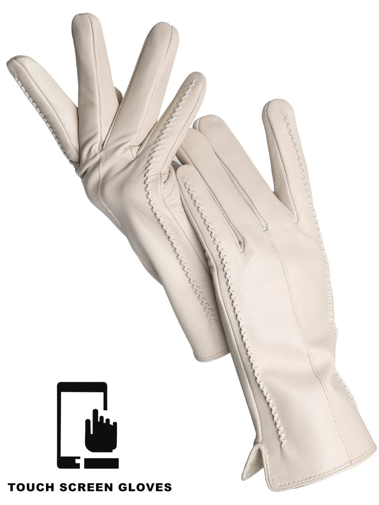 Women's Leather Winter Gloves, Sheepskin Touch Screen Driving