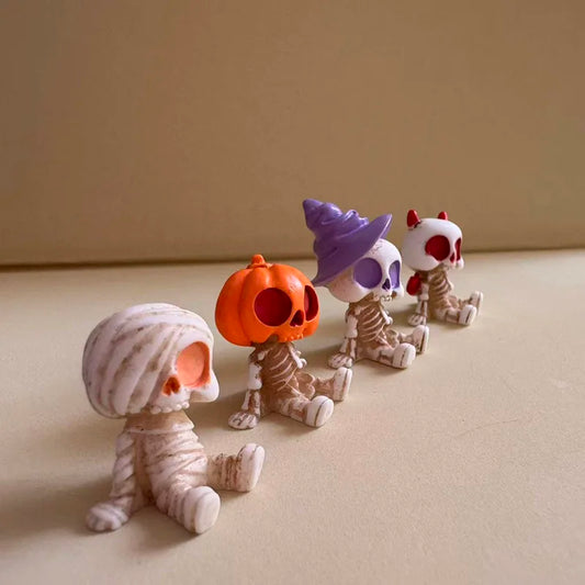 Halloween Mini Figurines, 4-Piece Resin Pumpkin Ghost Skull Set
