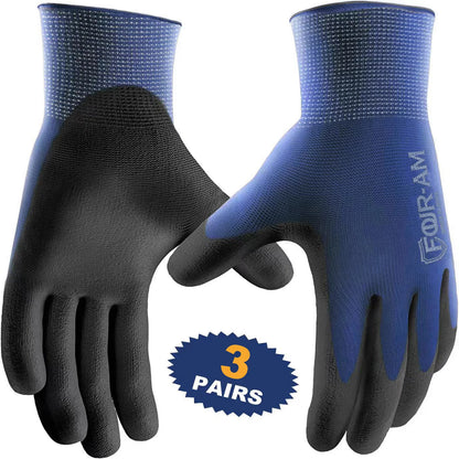 PU Coated Work Gloves, Ultra-Thin Nylon Grip Gloves, 3 Pairs