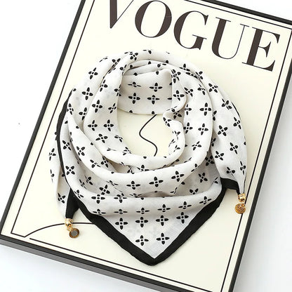 Silk Scarf for Women with Magnetic Buckle, Printed Square Design