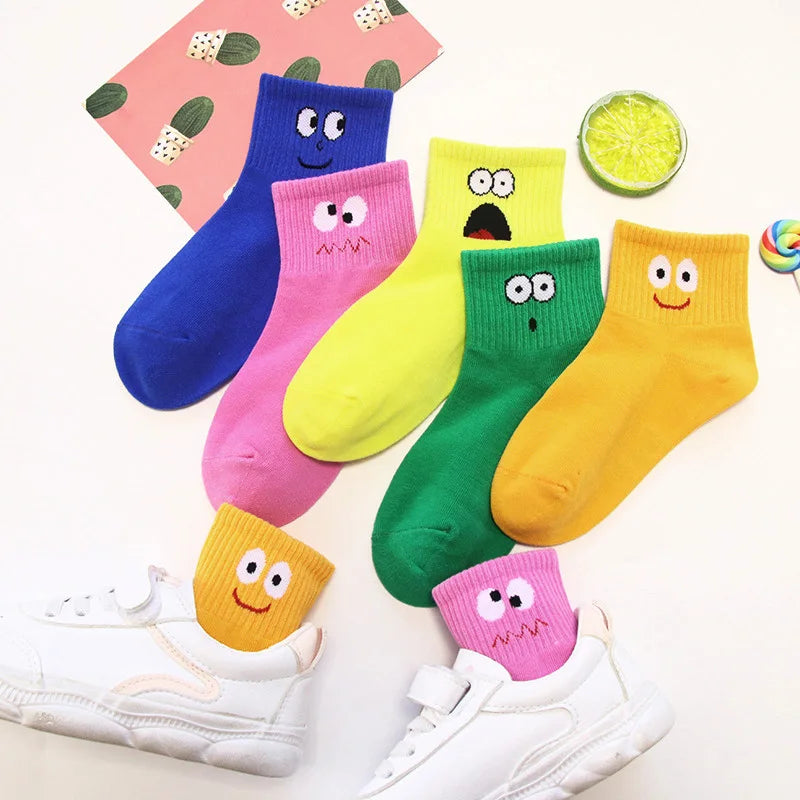 Kids Socks, 5 Pairs Cute Cartoon Face Pattern Breathable Socks
