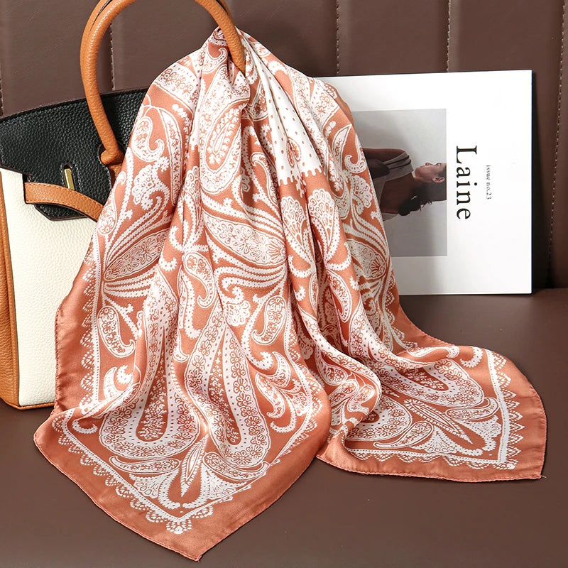 Silk Square Scarf 70x70cm Floral Satin Wrap for Women