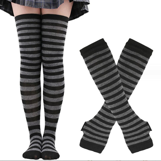 Thigh High Socks – Striped Cotton Over Knee Socks with Arm Warmers