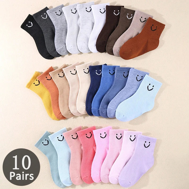 10-Pair Kids Socks with Cute Smiley Face Mid-Calf Design