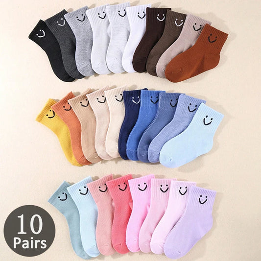 10-Pair Kids Socks with Cute Smiley Face Mid-Calf Design