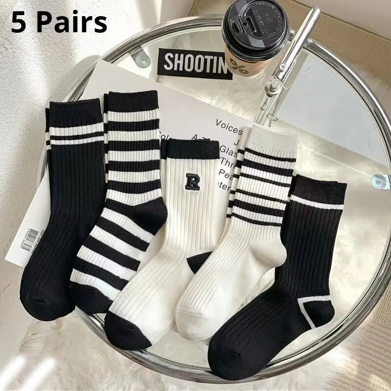 Women's Mid Calf Socks Striped Crew Socks 5-Pair Set