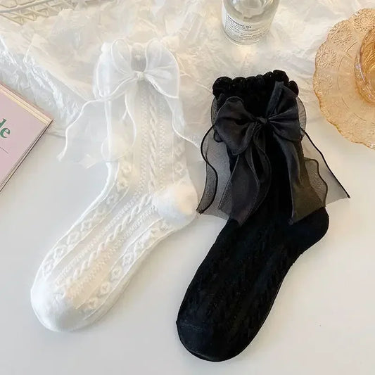 Lace Ruffle Socks for Women with Bow Detail – 2 Pairs
