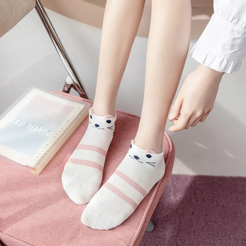 Women's Boat Socks Cute Cat Pattern Low Cut 5 Pairs