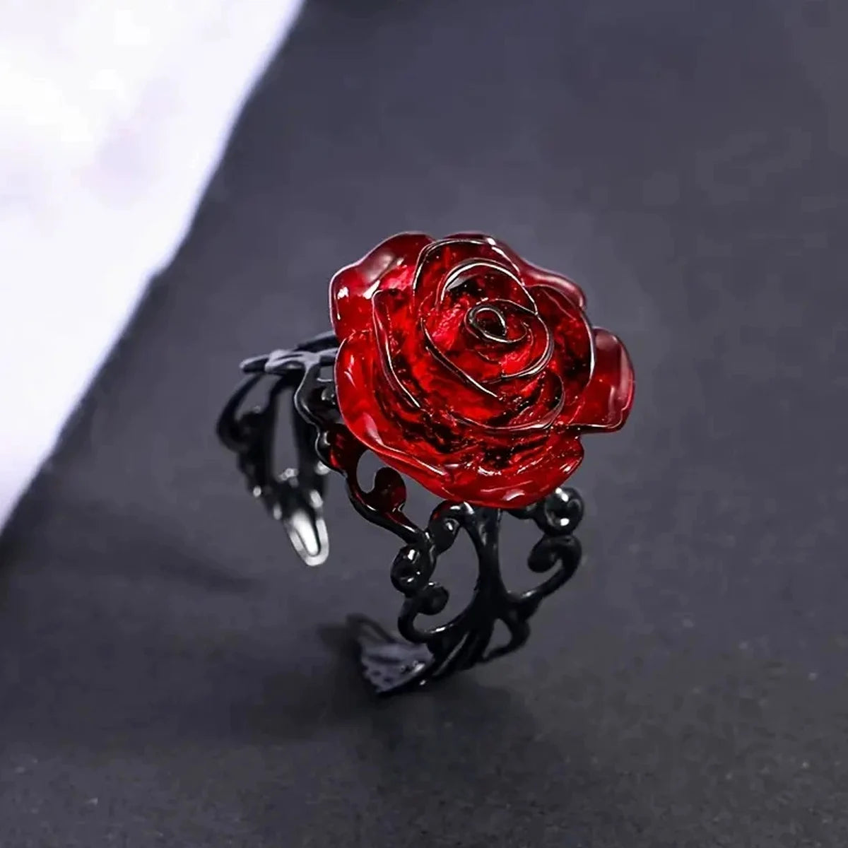 Gothic Rose Ring, Red Rose Black Vine Jewelry for Women