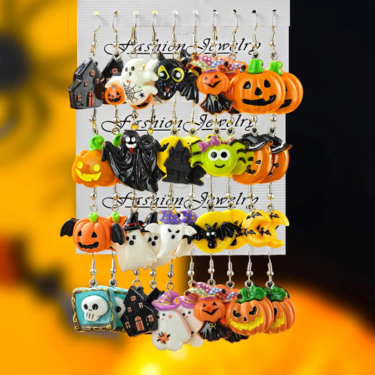 Halloween Earrings, Gothic Drop Earrings 10-Piece Pumpkin Ghost Set