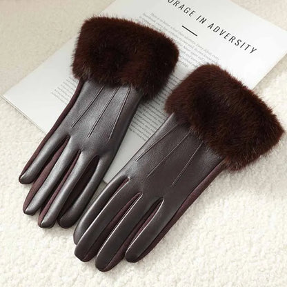Women's Leather Gloves with Faux Fur Cuff, Touchscreen Winter Warmth