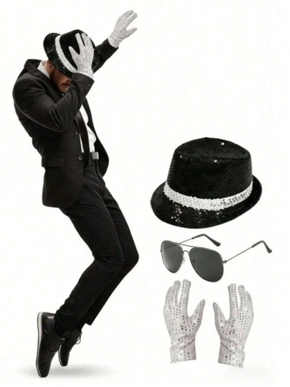 Sequin Fedora Costume Set – Hat, Rhinestone Gloves & Sunglasses