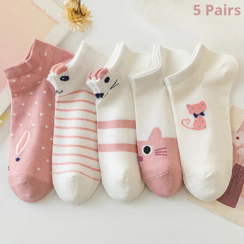 Women's Boat Socks Cute Cat Pattern Low Cut 5 Pairs