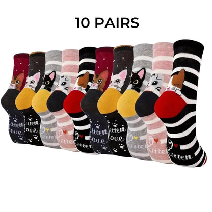 Women's Crew Socks with Cat Patterns, 5 Pairs