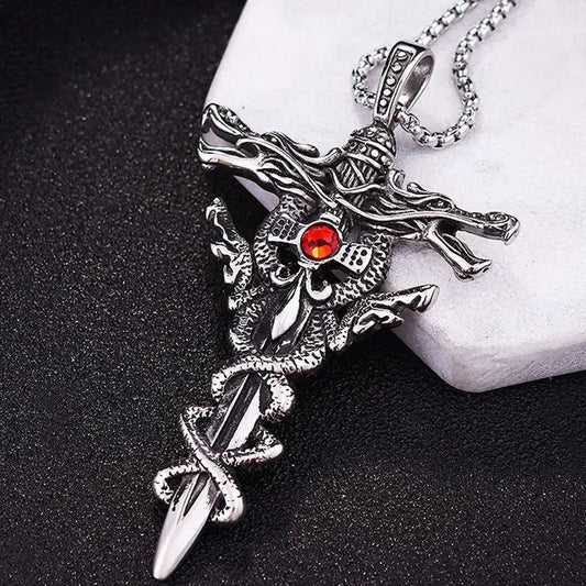 Men's Stainless Steel Necklace, Gothic Dragon Sword Pendant