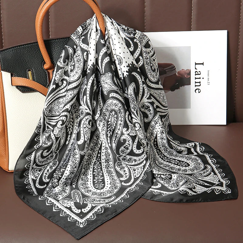 Silk Square Scarf 70x70cm Floral Satin Wrap for Women
