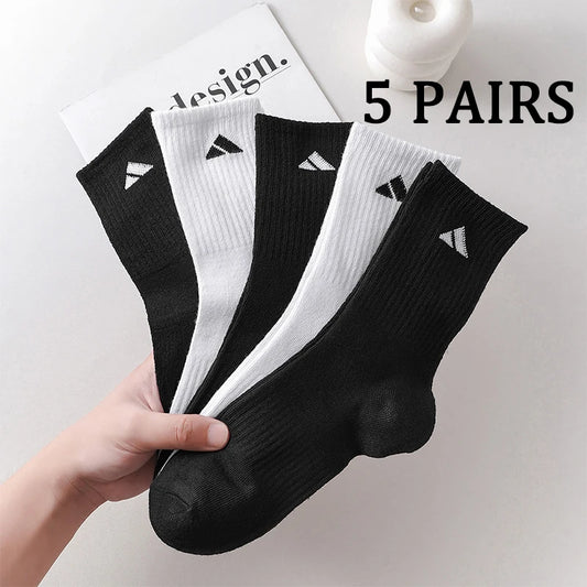 Unisex Crew Socks, Black and White Mid Calf Sports Socks 5 Pairs