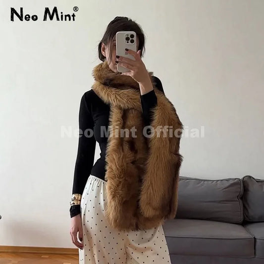 Women's Faux Fur Scarf Fluffy Striped Winter Shawl Wrap