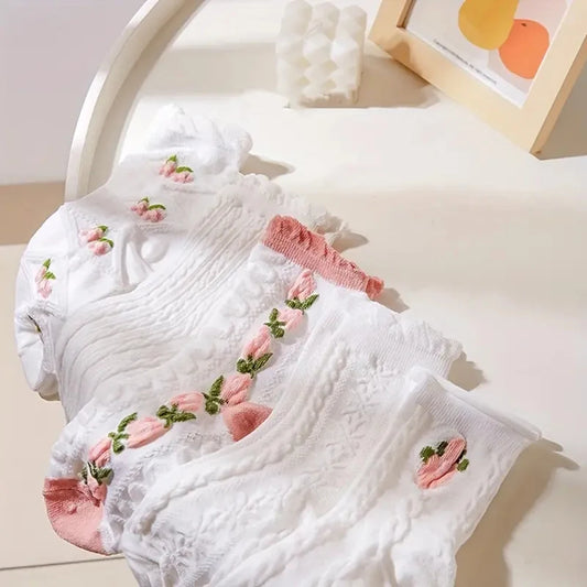 Women's Lace Socks Ruffled Floral Mid Tube 5-Pair Set