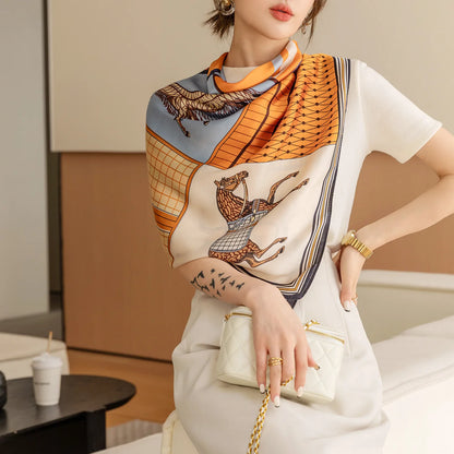 Women's Square Scarf 110x110cm Silk Feel Horse Print Shawl