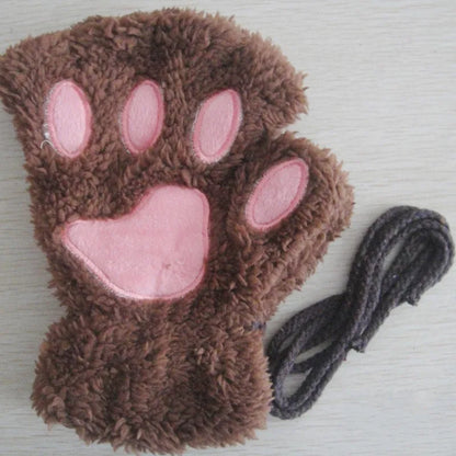Fingerless Plush Gloves Warm Animal Paw Mittens for Adults