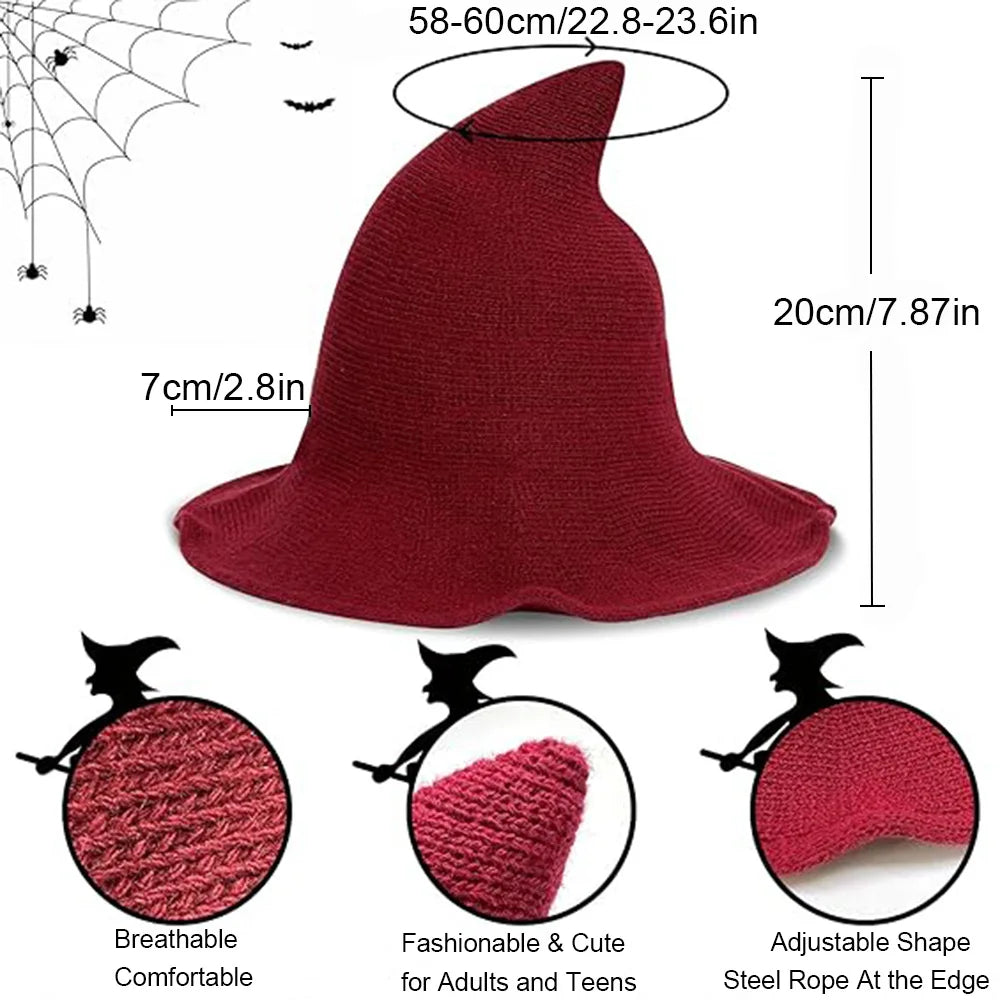 Halloween Witch Hat Long Point Knitted Cap with Wide Brim for Adults