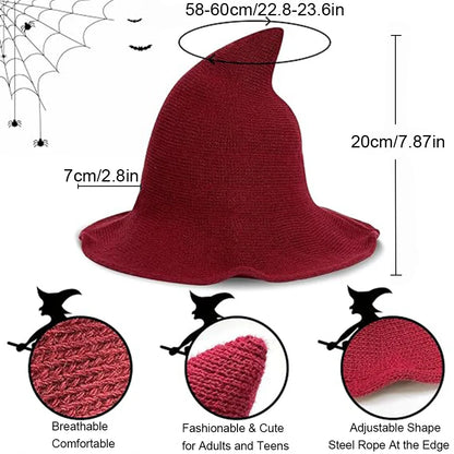 Halloween Witch Hat Long Point Knitted Cap with Wide Brim for Adults