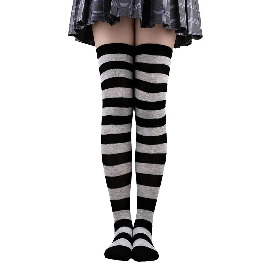 Women's Striped Thigh High Stockings – Black, White & Pink
